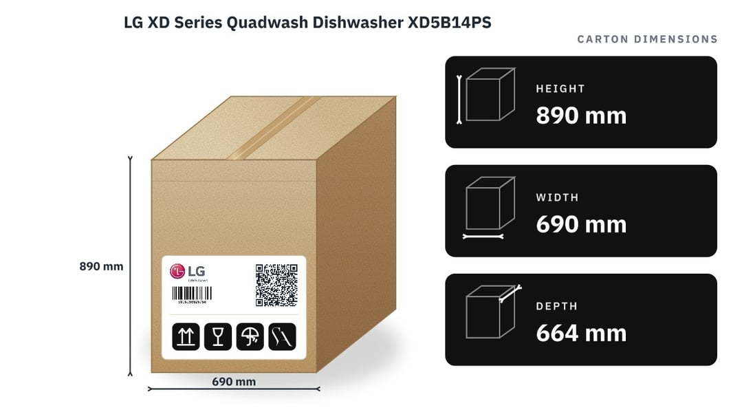 LG XD Series Quadwash Dishwasher XD5B14PS — packaged dimensions
