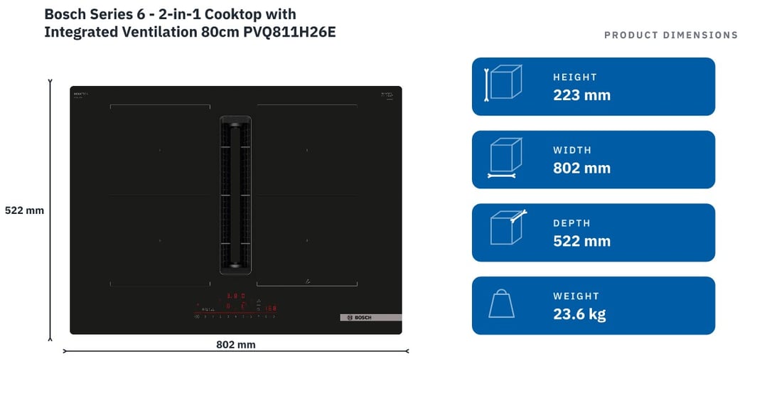 Bosch Series 6 - 2-in-1 Cooktop with Integrated Ventilation 80cm PVQ811H26E — product dimensions