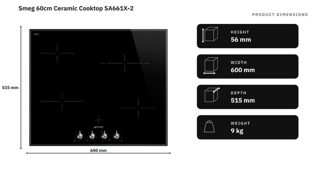 Smeg 60cm Ceramic Cooktop SA661X-2 — product dimensions