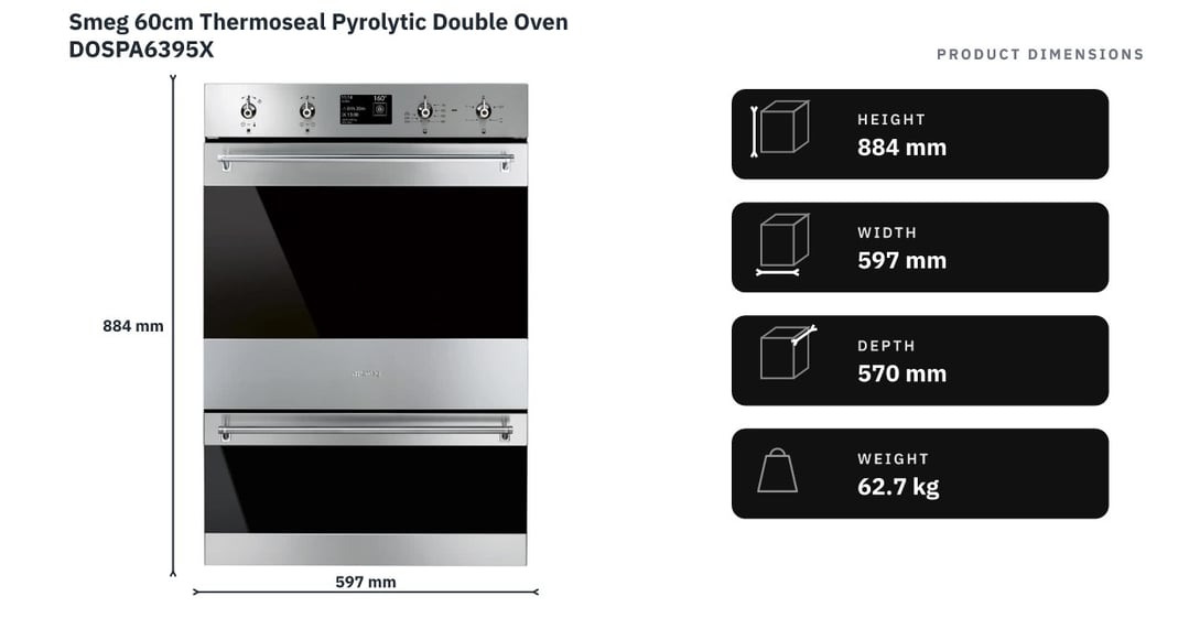Smeg 60cm Thermoseal Pyrolytic Double Oven DOSPA6395X — product dimensions