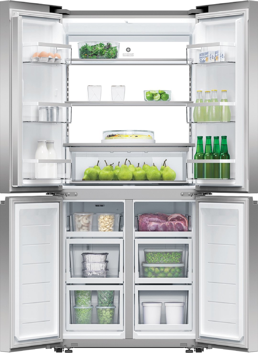 Open quad door refrigerator freezer with food items inside