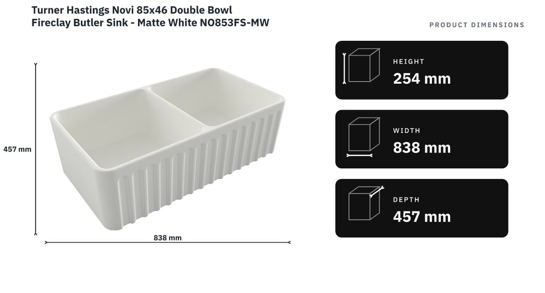 Turner Hastings Novi 85x46 Double Bowl Fireclay Butler Sink - Matte White NO853FS-MW — product dimensions