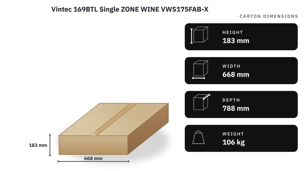 Vintec 169BTL Single ZONE WINE VWS175FAB-X — packaged dimensions