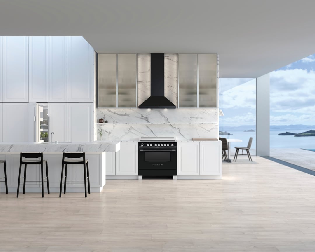 Black Fisher & Paykel 90cm Series 9 Classic Induction Pyrolytic Cooker in a modern kitchen