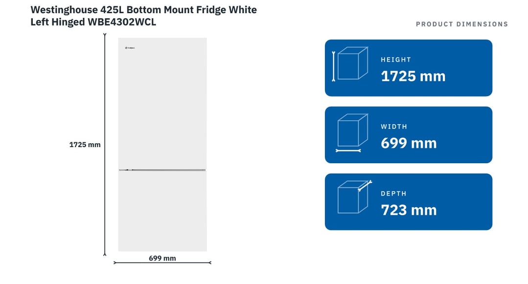 Westinghouse 425L Bottom Mount Fridge White Left Hinged WBE4302WCL — product dimensions