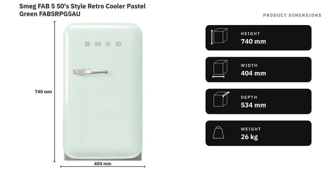 Smeg FAB 5 50's Style Retro Cooler Pastel Green FAB5RPG5AU — product dimensions