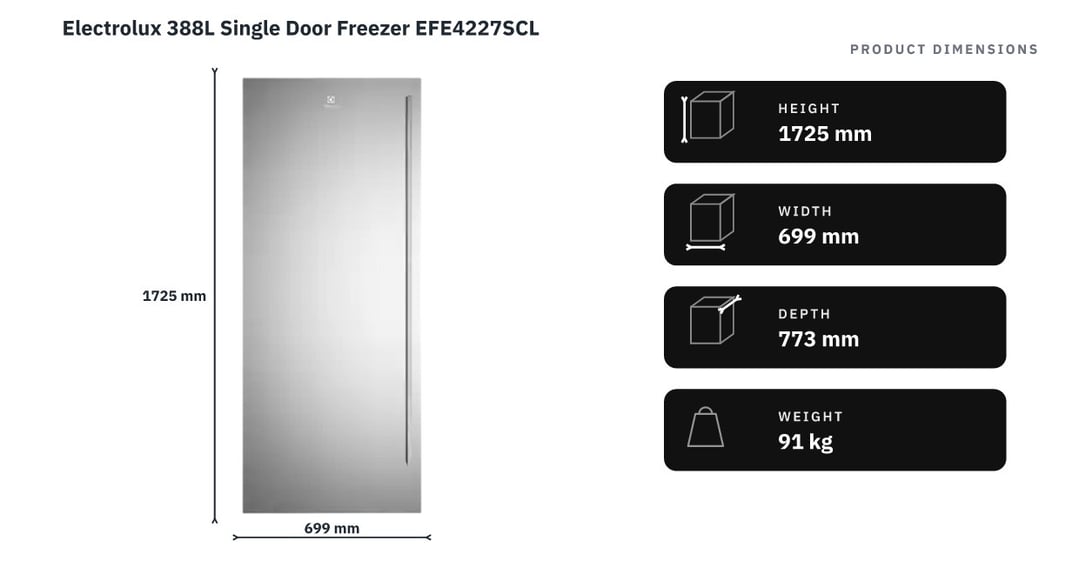 Electrolux 388L Single Door Freezer EFE4227SCL — product dimensions