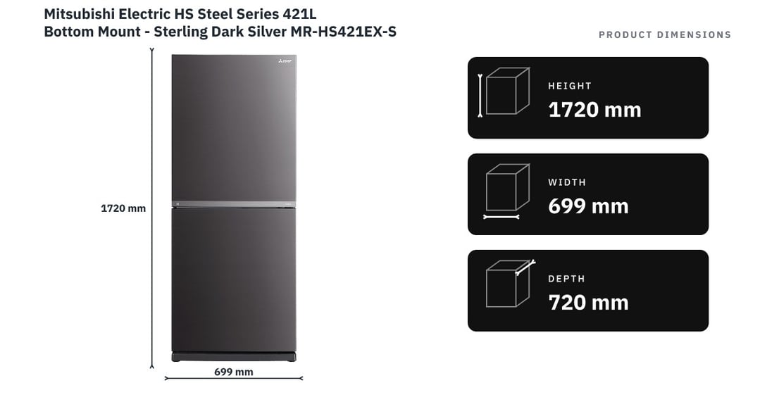 Mitsubishi Electric HS Steel Series 421L Bottom Mount - Sterling Dark Silver MR-HS421EX-SDS-A — product dimensions