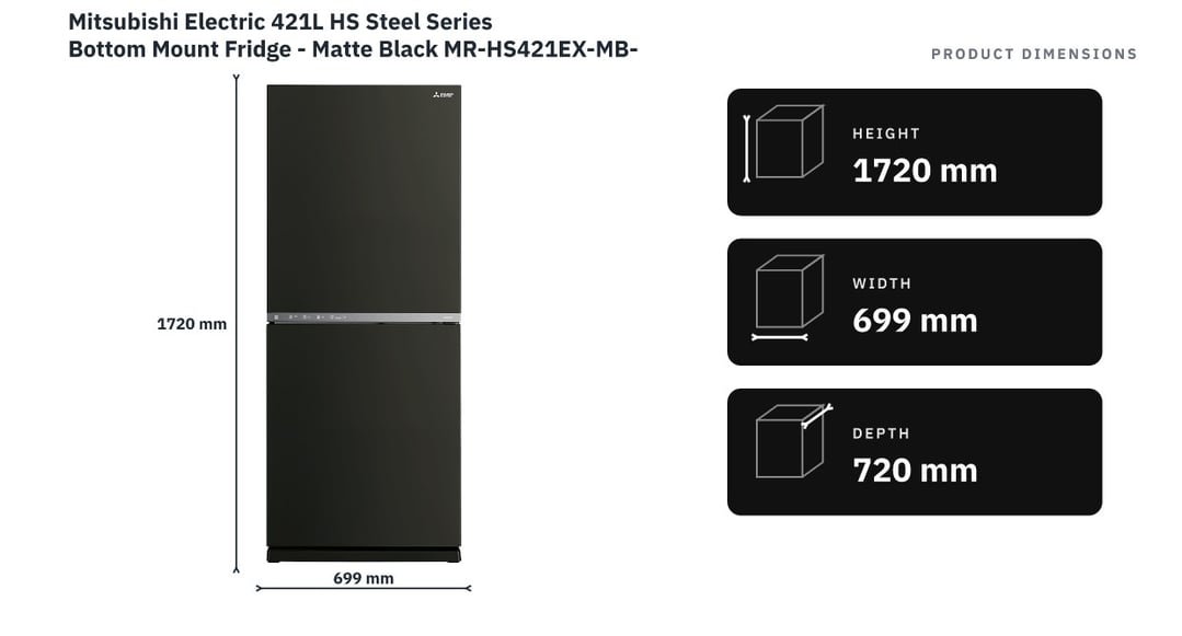 Mitsubishi Electric 421L HS Steel Series Bottom Mount Fridge - Matte Black MR-HS421EX-MB-A — product dimensions