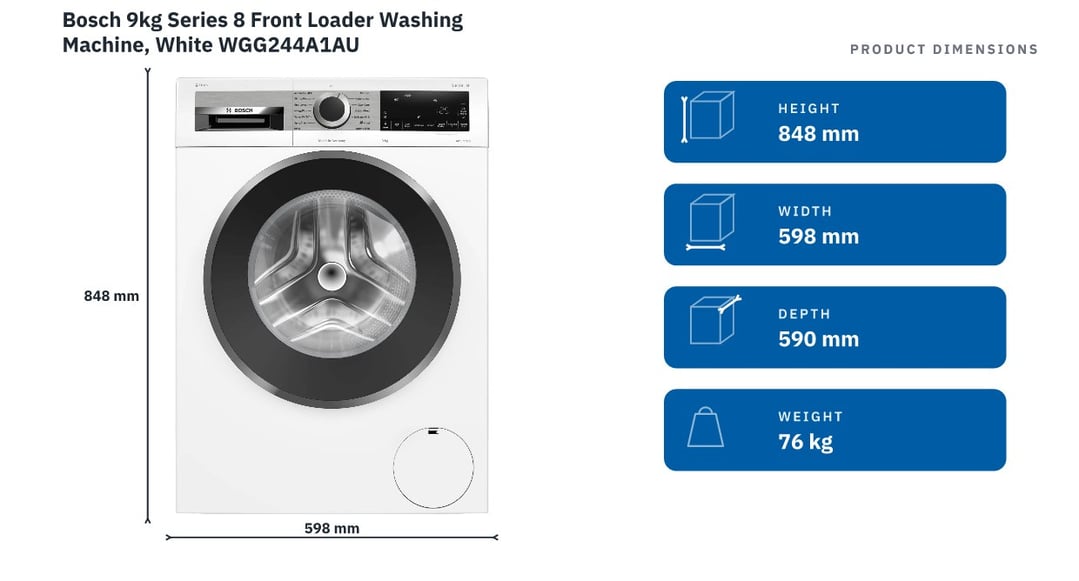 Bosch 9kg Series 8 Front Loader Washing Machine, White WGG244A1AU