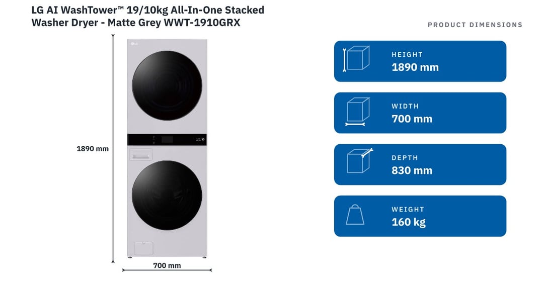 LG AI WashTower™ 19/10kg All-In-One Stacked Washer Dryer - Matte Grey WWT-1910GRX