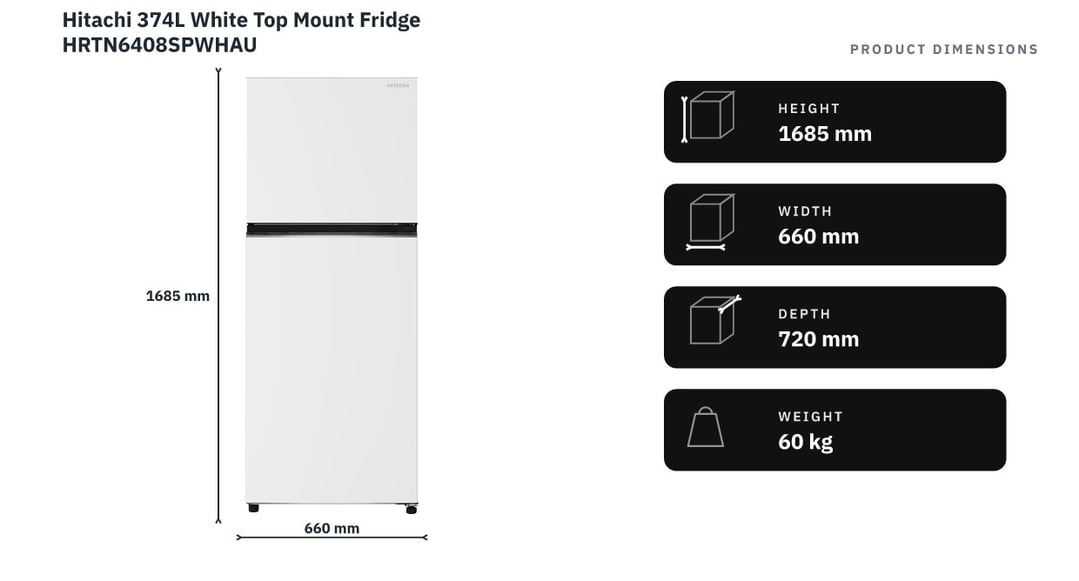 Hitachi 374L White Top Mount Fridge HRTN6408SPWHAU — product dimensions