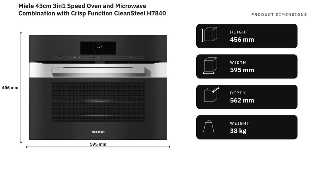 Miele 45cm 3in1 Speed Oven and Microwave Combination with Crisp Function CleanSteel H7840BM — product dimensions
