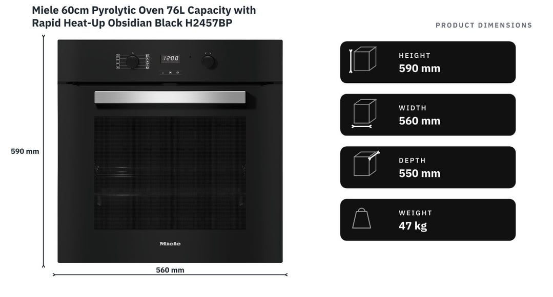 Miele 60cm Pyrolytic Oven 76L Capacity with Rapid Heat-Up Obsidian Black H2457BP — product dimensions