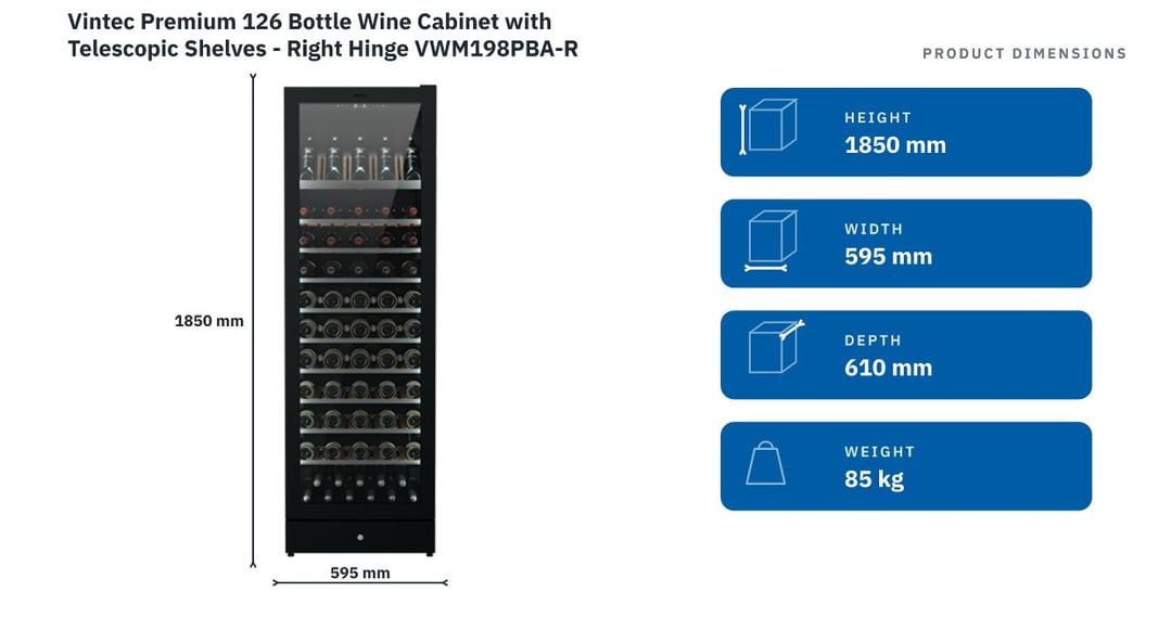 Vintec Premium 126 Bottle Wine Cabinet with Telescopic Shelves - Right Hinge VWM198PBA-R — product dimensions