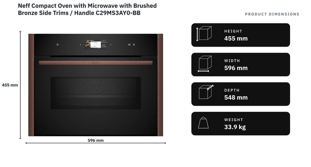 Neff Compact Oven with Microwave with Brushed Bronze Side Trims / Handle C29MS3AY0-BB — product dimensions