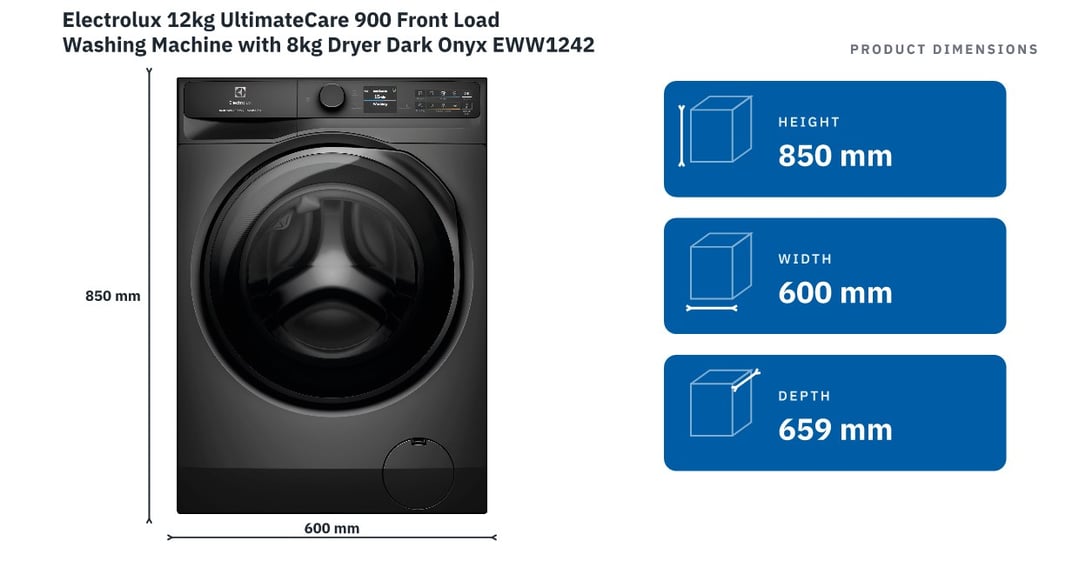 Electrolux 12kg UltimateCare 900 Front Load Washing Machine with 8kg Dryer Dark Onyx EWW1242R9SCS — product dimensions