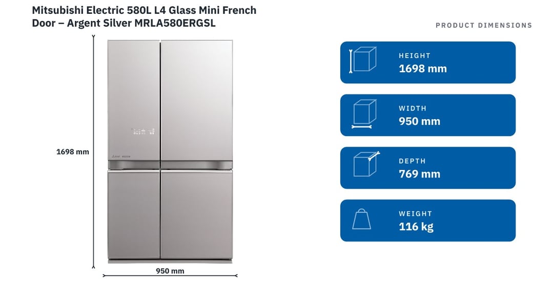 Mitsubishi Electric 580L L4 Glass Mini French Door – Argent Silver MRLA580ERGSL — product dimensions