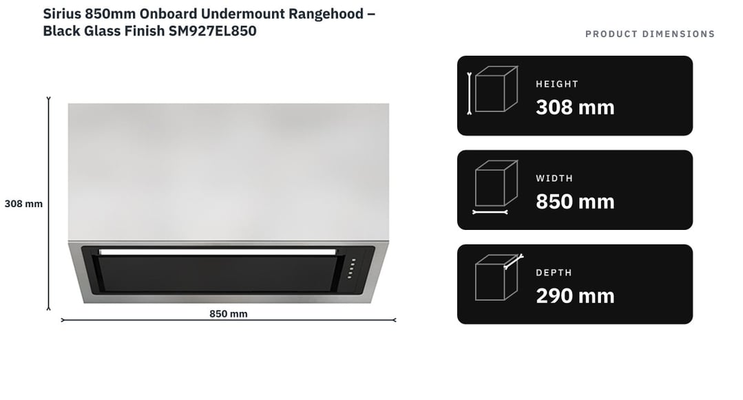 Sirius 850mm Onboard Undermount Rangehood – Black Glass Finish SM927EL850 — product dimensions