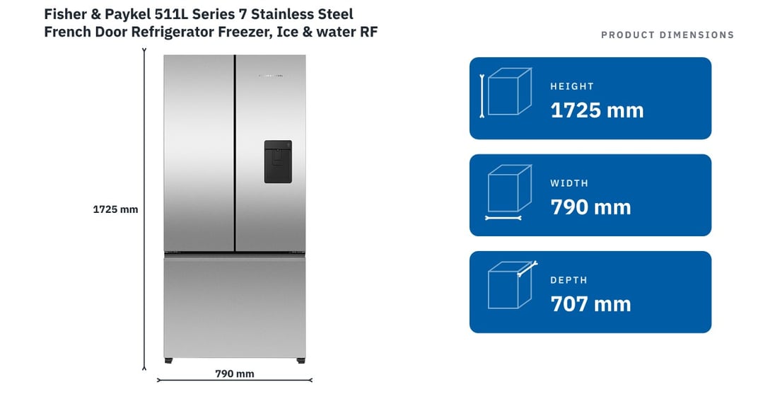 Fisher & Paykel 511L Series 7 Stainless Steel French Door Refrigerator Freezer, Ice & water RF505ANUX1