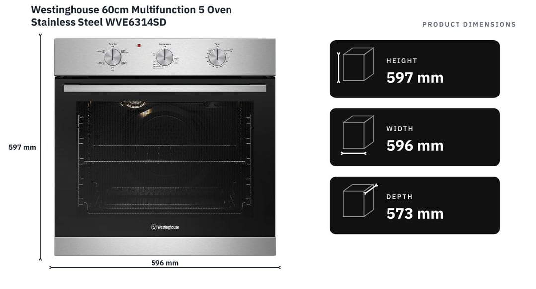 Westinghouse 60cm Multifunction 5 Oven Stainless Steel WVE6314SD — product dimensions