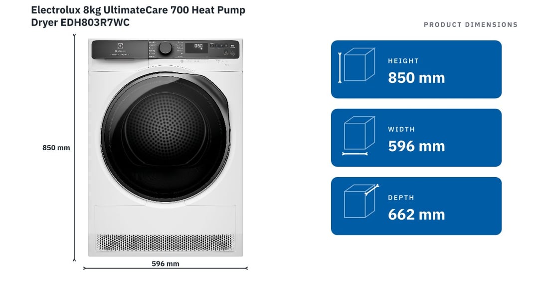 Electrolux 8kg UltimateCare 700 Heat Pump Dryer EDH803R7WC — product dimensions