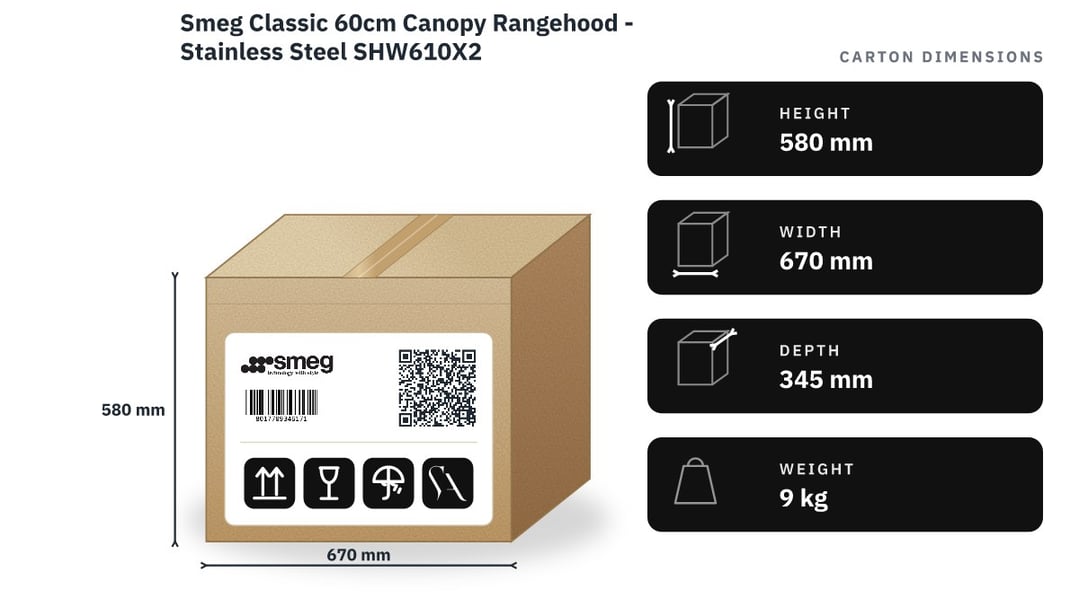 Smeg Classic 60cm Canopy Rangehood - Stainless Steel SHW610X2 — packaged dimensions