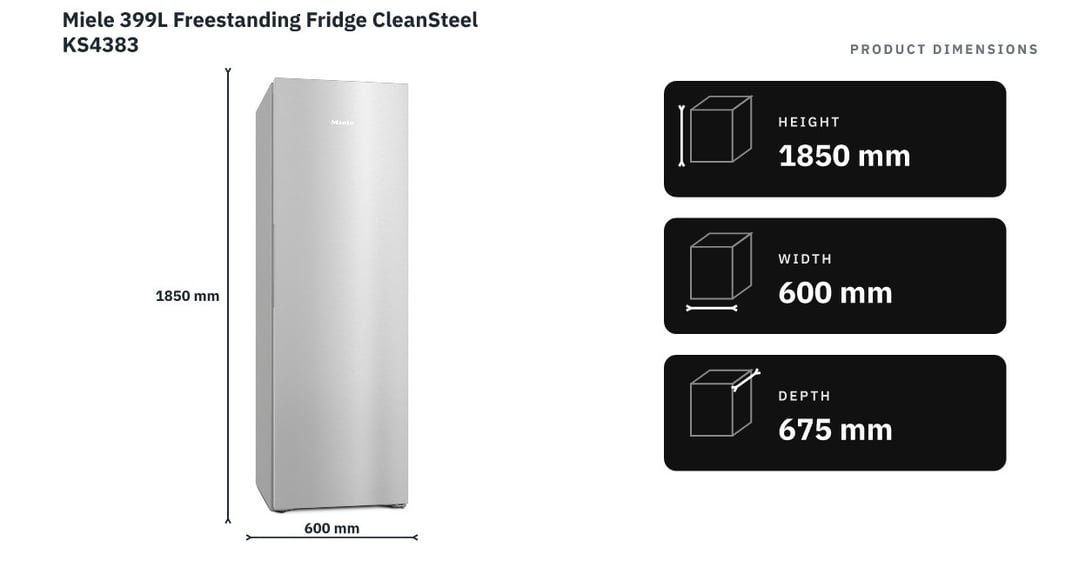 Miele 399L Freestanding Fridge CleanSteel KS4383 — product dimensions