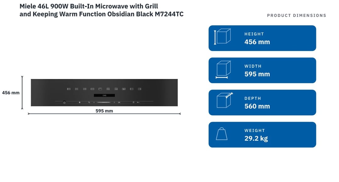 Miele 46L 900W Built-In Microwave with Grill and Keeping Warm Function Obsidian Black M7244TCOBSW — product dimensions