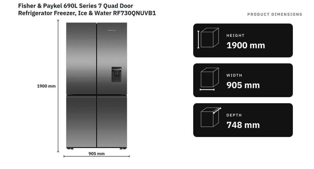 Fisher & Paykel 690L Series 7 Quad Door Refrigerator Freezer, Ice & Water RF730QNUVB1 — product dimensions