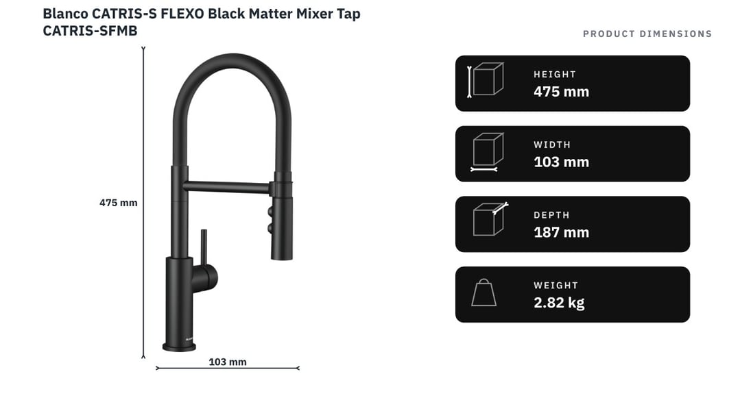 Blanco CATRIS-S FLEXO Black Matter Mixer Tap CATRIS-SFMB — product dimensions