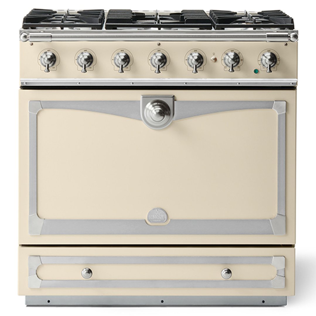La Cornue Cornu Fe Albertine 90cm Dual Fuel Range Cooker - Morning Dew, Brushed Nickel and Stainless Steel ALB90DFMD/N