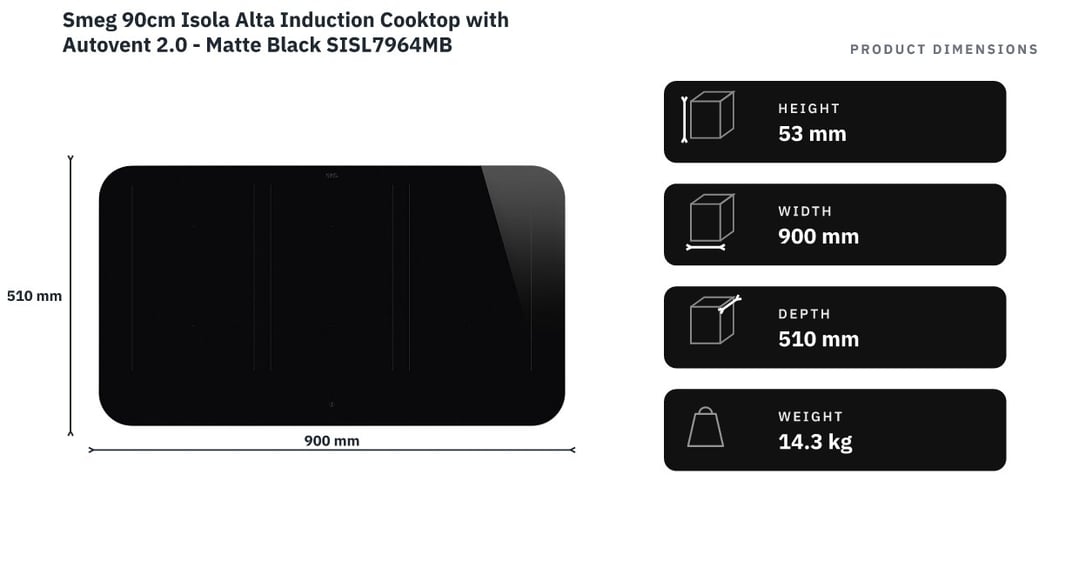 Smeg 90cm Isola Alta Induction Cooktop with Autovent 2.0 - Matte Black SISL7964MB — product dimensions
