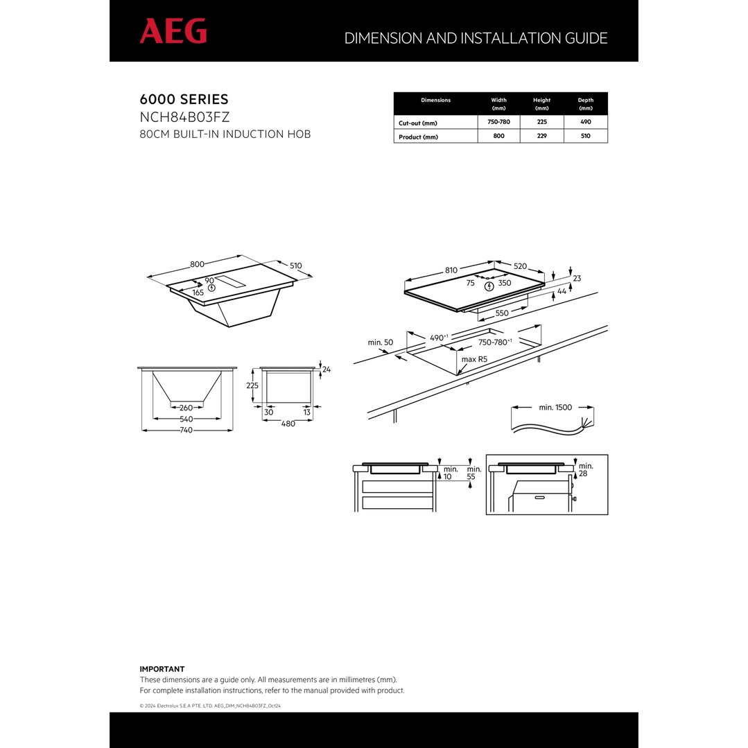 AEG 80cm 4 Zone Induction Cooktop with Integrated Rangehood NCH84B03FZ