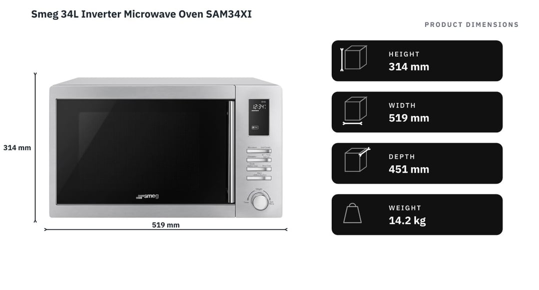 Smeg 34L Inverter Microwave Oven SAM34XI — product dimensions