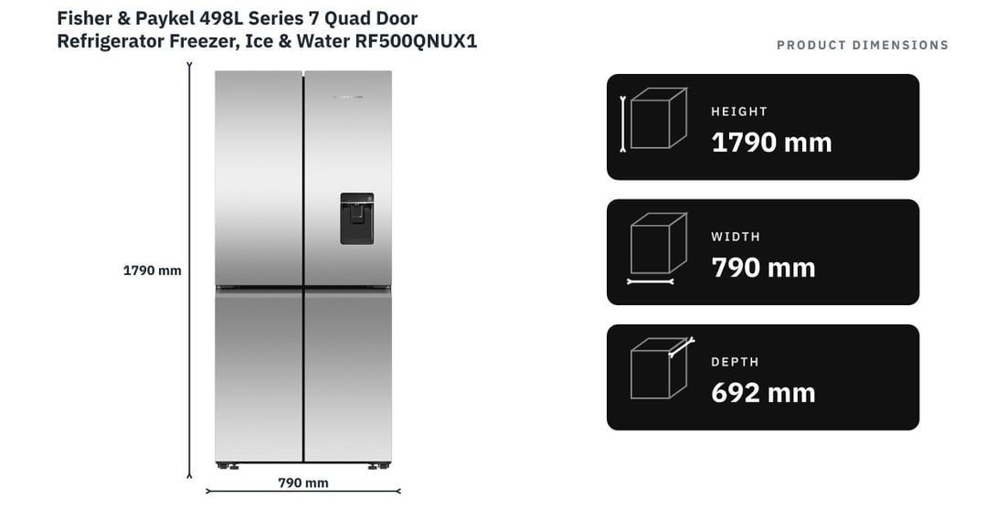 Fisher & Paykel 498L Series 7 Quad Door Refrigerator Freezer, Ice & Water RF500QNUX1 — product dimensions