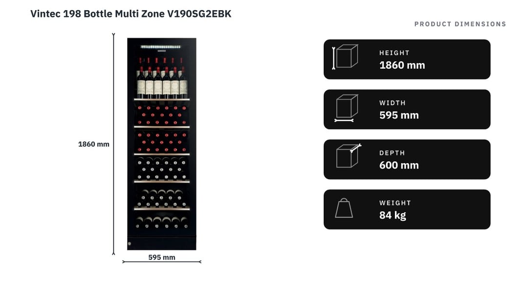 Vintec 198 Bottle Multi Zone V190SG2EBK — product dimensions