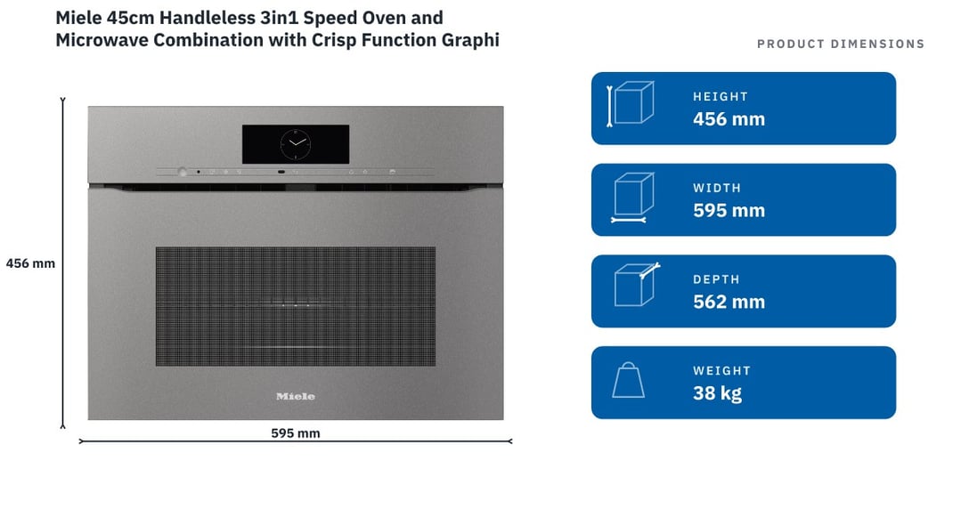 Miele 45cm Handleless 3in1 Speed Oven and Microwave Combination with Crisp Function Graphite Grey H7840BMXGRGR — product dimensions