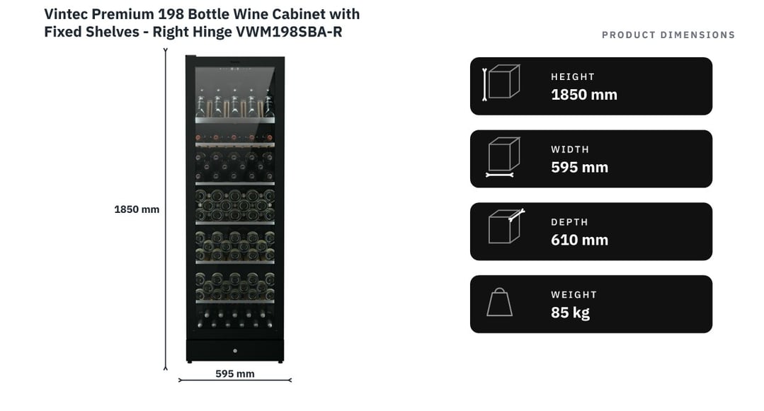 Vintec Premium 198 Bottle Wine Cabinet with Fixed Shelves - Right Hinge VWM198SBA-R — product dimensions