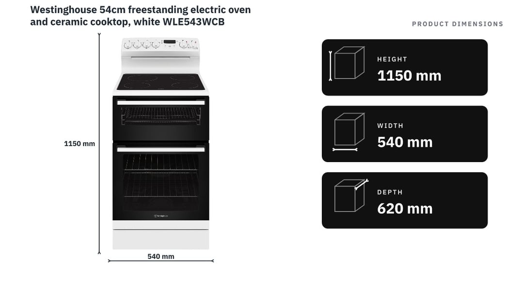 Westinghouse 54cm freestanding electric oven and ceramic cooktop, white WLE543WCB — product dimensions