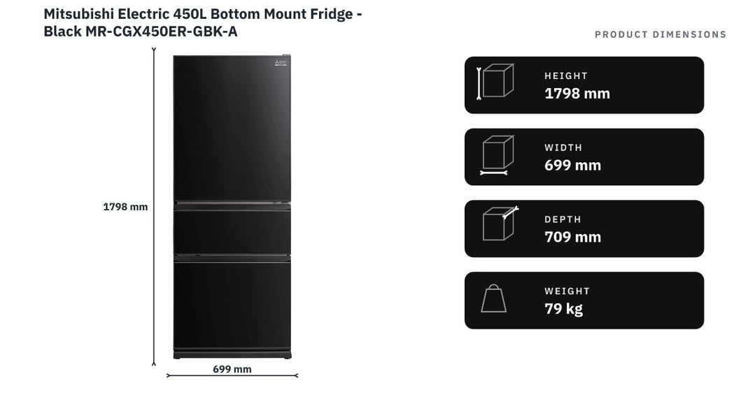 Mitsubishi Electric 450L Bottom Mount Fridge - Black MR-CGX450ER-GBK-A — product dimensions