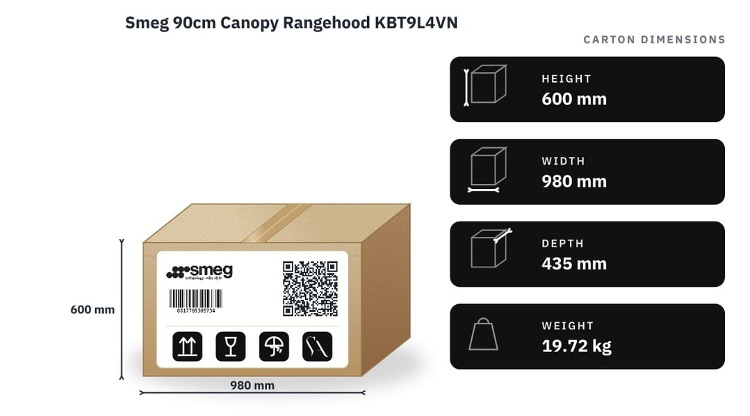 Smeg 90cm Canopy Rangehood KBT9L4VN — packaged dimensions
