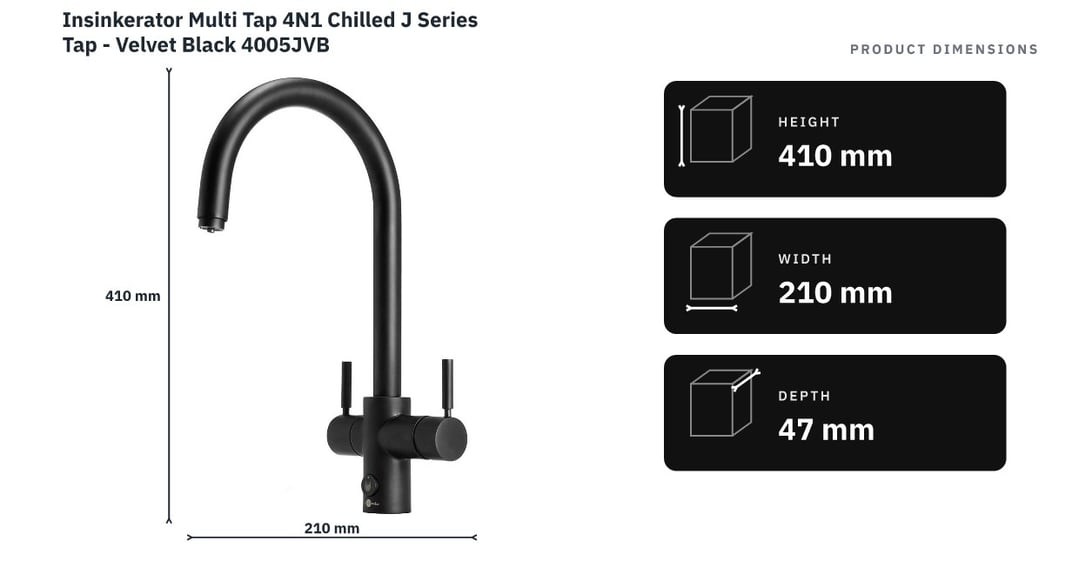 Insinkerator Multi Tap 4N1 Chilled J Series Tap - Velvet Black 4005JVB — product dimensions