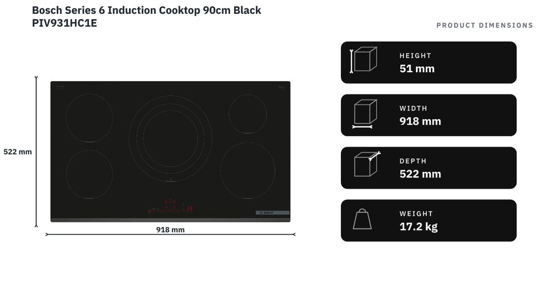 Bosch Series 6 Induction Cooktop 90cm Black PIV931HC1E — product dimensions