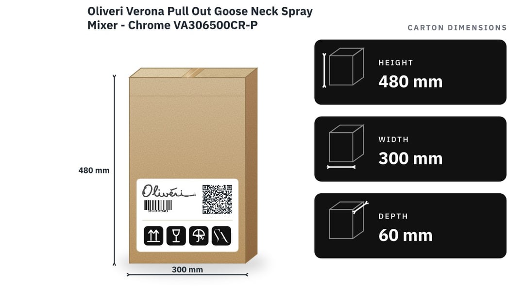 Oliveri Verona Pull Out Goose Neck Spray Mixer - Chrome VA306500CR-P — packaged dimensions