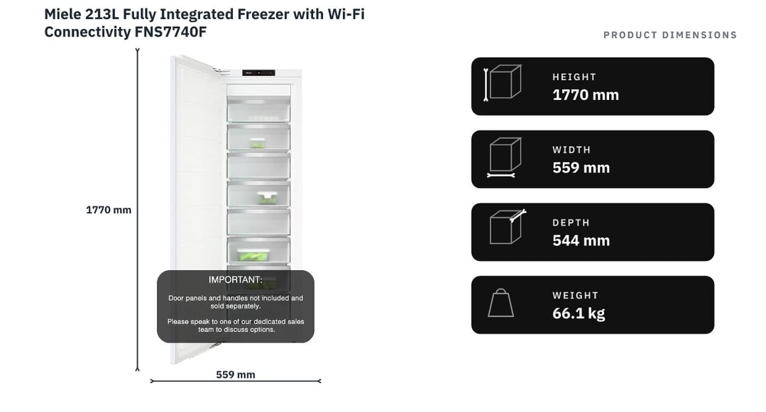 Miele 213L Fully Integrated Freezer with Wi-Fi Connectivity FNS7740F — product dimensions