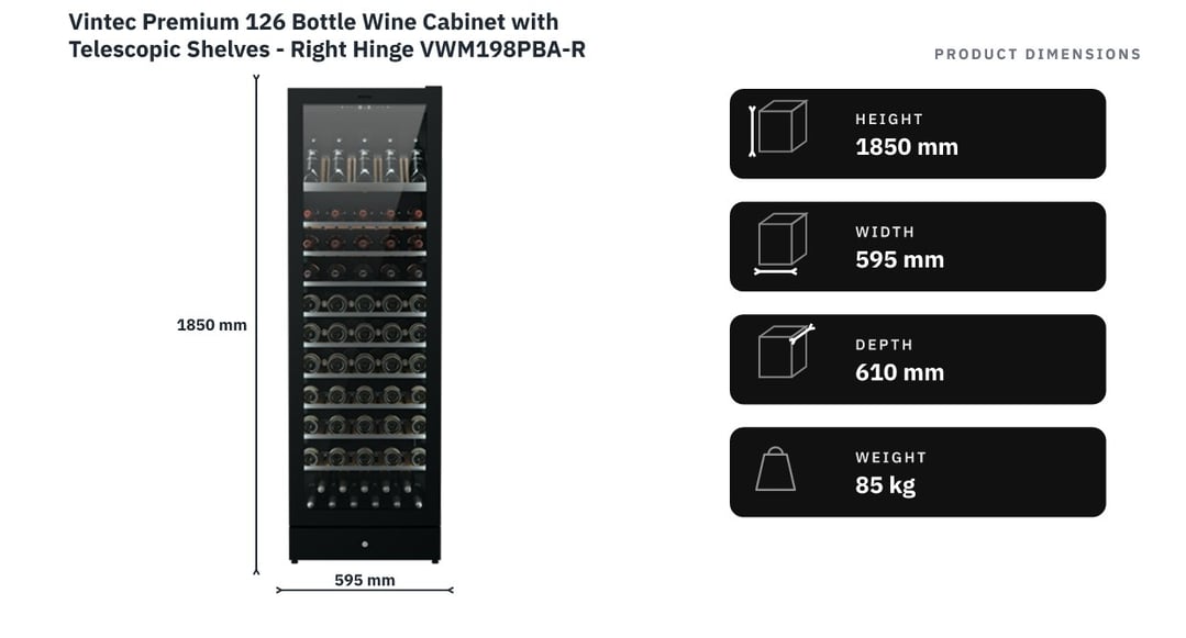 Vintec Premium 126 Bottle Wine Cabinet with Telescopic Shelves - Right Hinge VWM198PBA-R — product dimensions