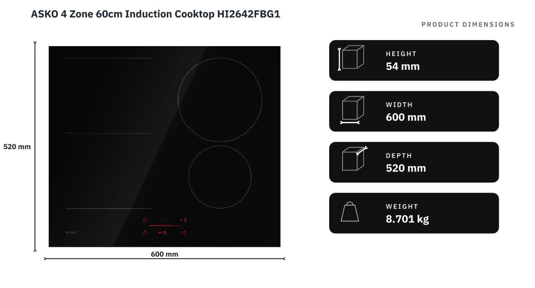ASKO 4 Zone 60cm Induction Cooktop HI2642FBG1 — product dimensions