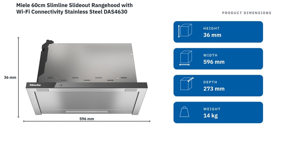Miele 60cm Slimline Slideout Rangehood with Wi-Fi Connectivity Stainless Steel DAS4630 — product dimensions