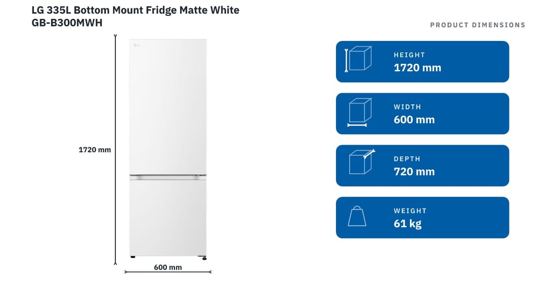 LG 335L Bottom Mount Fridge Matte White GB-B300MWH